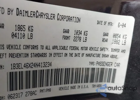 2004 Dodge Stratus Sxt from USA, damaged, VIN 1B3EL46X24N413234